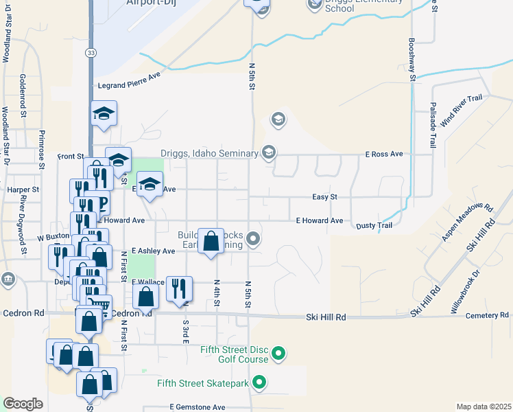 map of restaurants, bars, coffee shops, grocery stores, and more near 335 5th Street East in Driggs
