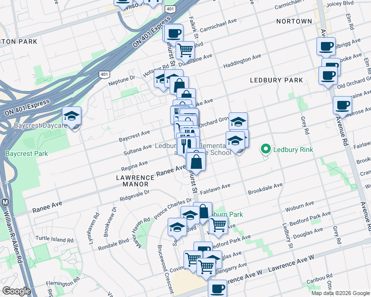 map of restaurants, bars, coffee shops, grocery stores, and more near 3450 Bathurst Street in Toronto