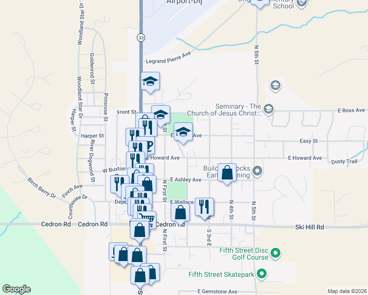 map of restaurants, bars, coffee shops, grocery stores, and more near 211 East Howard Avenue in Driggs
