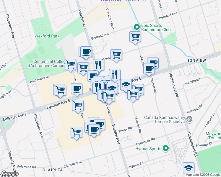 map of restaurants, bars, coffee shops, grocery stores, and more near Eglinton Avenue East in Toronto