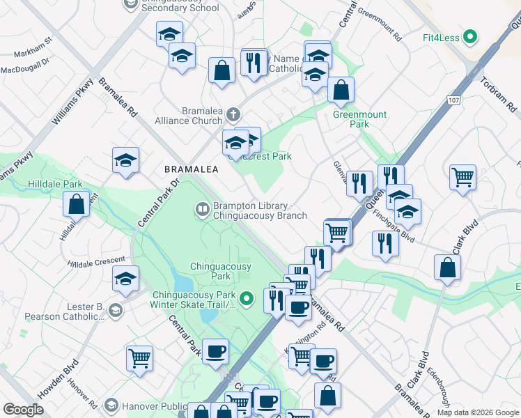 map of restaurants, bars, coffee shops, grocery stores, and more near 53 Goldcrest Road in Brampton