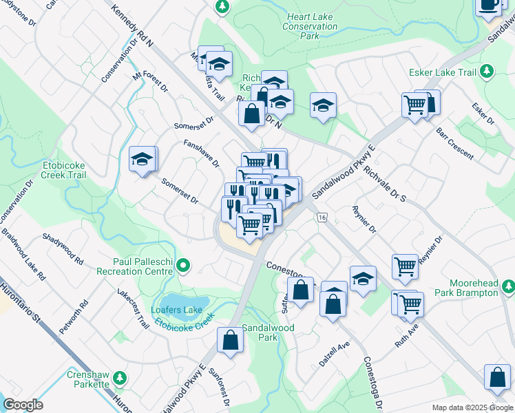 map of restaurants, bars, coffee shops, grocery stores, and more near 180 Sandalwood Parkway East in Brampton