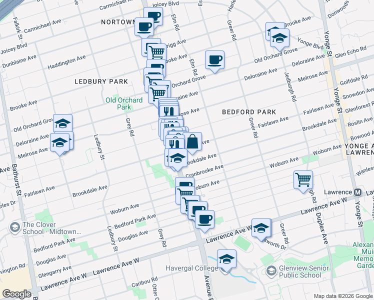map of restaurants, bars, coffee shops, grocery stores, and more near in Toronto