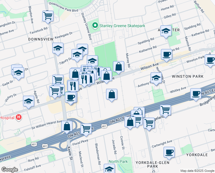 map of restaurants, bars, coffee shops, grocery stores, and more near in Toronto