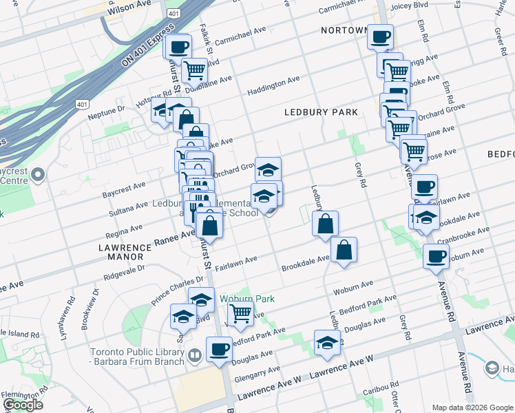 map of restaurants, bars, coffee shops, grocery stores, and more near 547 Melrose Avenue in Toronto