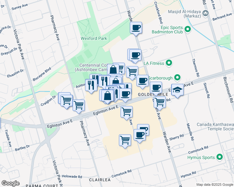 map of restaurants, bars, coffee shops, grocery stores, and more near 7529 Hakimi Avenue in Toronto