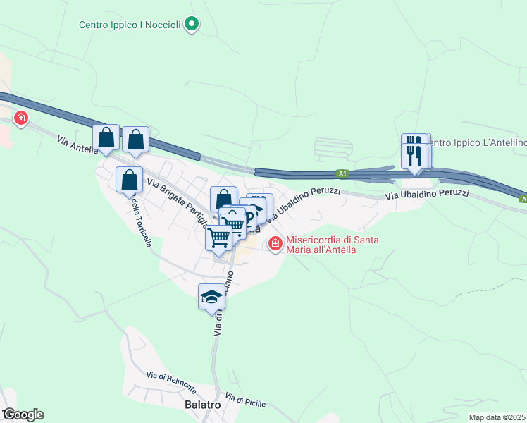 map of restaurants, bars, coffee shops, grocery stores, and more near 16A Via Giuseppe Garibaldi in Antella