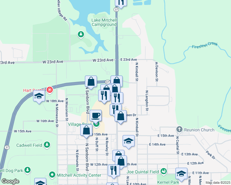 map of restaurants, bars, coffee shops, grocery stores, and more near 1801 North Main Street in Mitchell