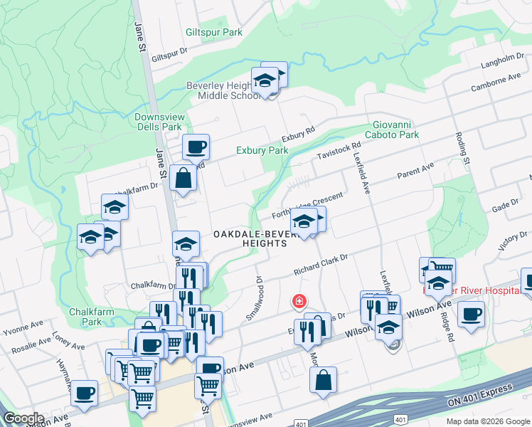 map of restaurants, bars, coffee shops, grocery stores, and more near 72 Forthbridge Crescent in Toronto