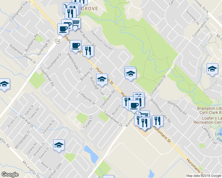 map of restaurants, bars, coffee shops, grocery stores, and more near 36 Faithknight Court in Brampton