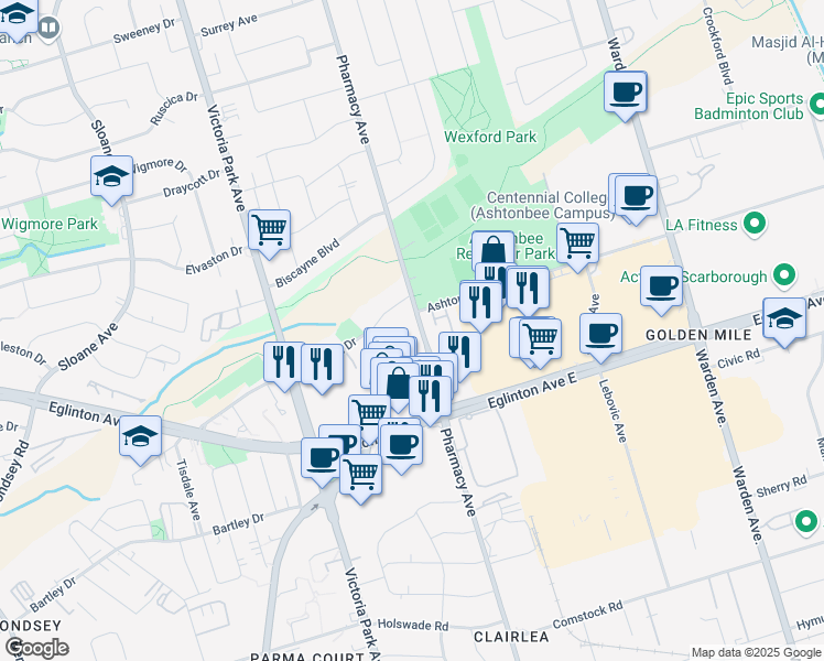 map of restaurants, bars, coffee shops, grocery stores, and more near in Toronto