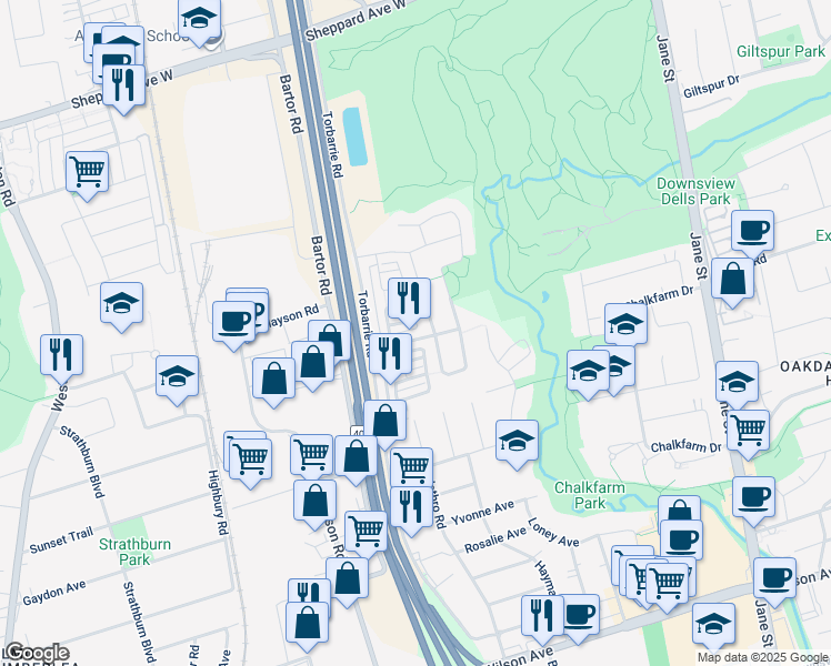 map of restaurants, bars, coffee shops, grocery stores, and more near in Toronto