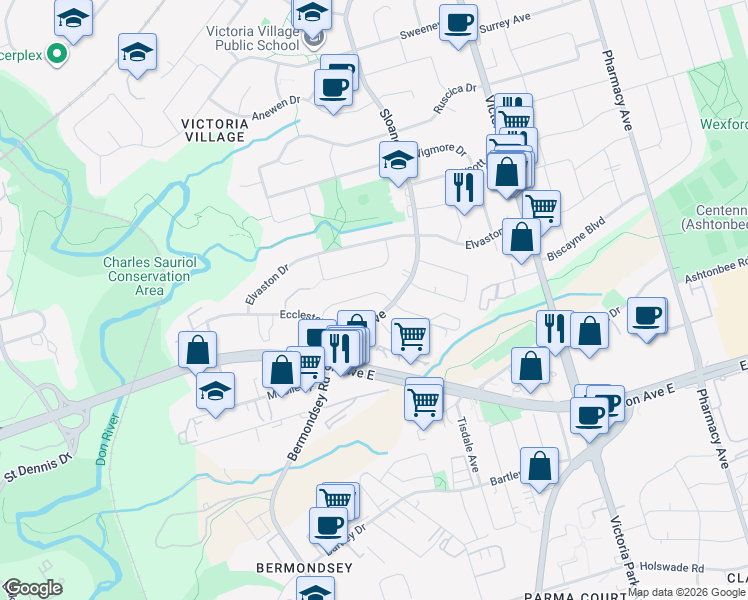 map of restaurants, bars, coffee shops, grocery stores, and more near 23 Trophy Drive in Toronto