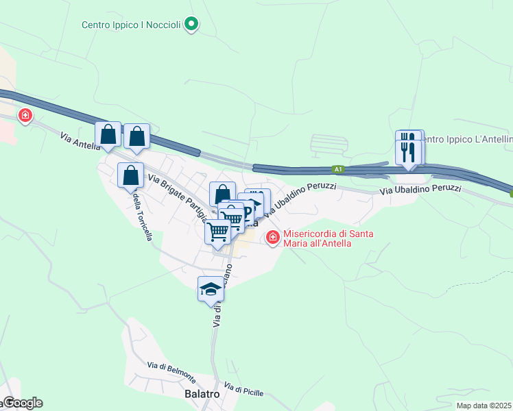 map of restaurants, bars, coffee shops, grocery stores, and more near 16A Via Giuseppe Garibaldi in Antella
