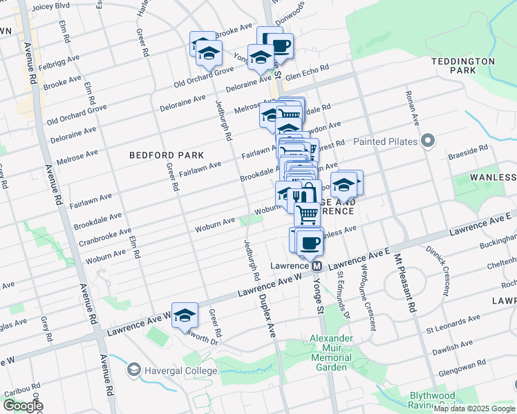 map of restaurants, bars, coffee shops, grocery stores, and more near 74 Woburn Avenue in Toronto