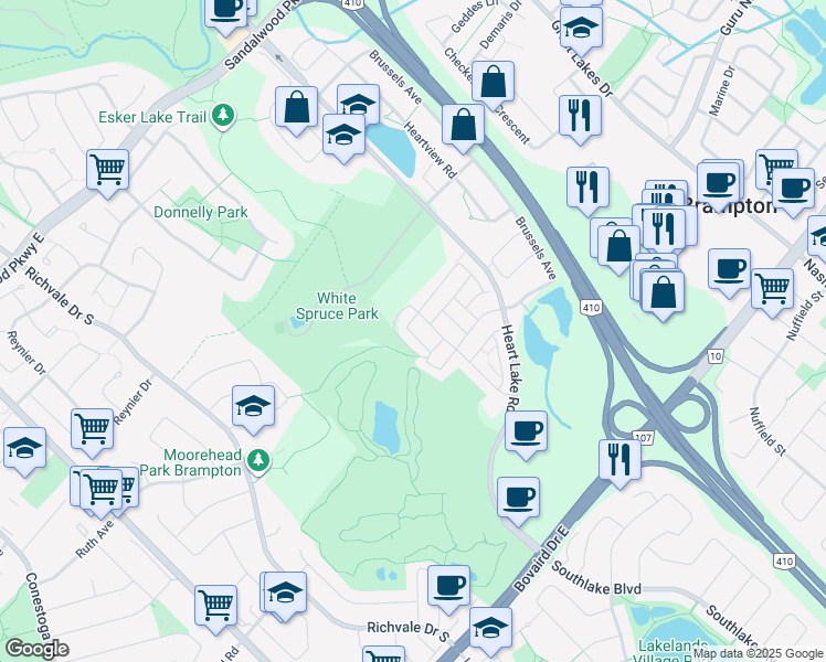 map of restaurants, bars, coffee shops, grocery stores, and more near 9 Miami Grove in Brampton