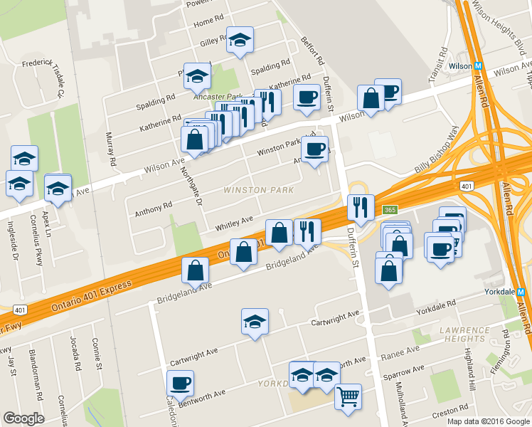 map of restaurants, bars, coffee shops, grocery stores, and more near 65 Whitley Avenue in Toronto