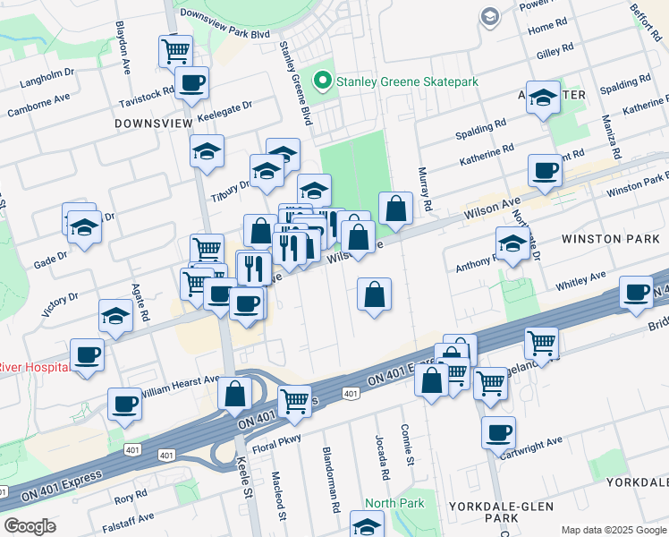 map of restaurants, bars, coffee shops, grocery stores, and more near 1013 Wilson Avenue in Toronto