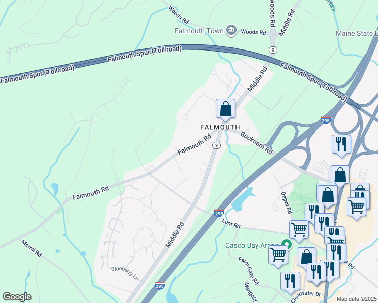 map of restaurants, bars, coffee shops, grocery stores, and more near 22 Falmouth Road in Falmouth