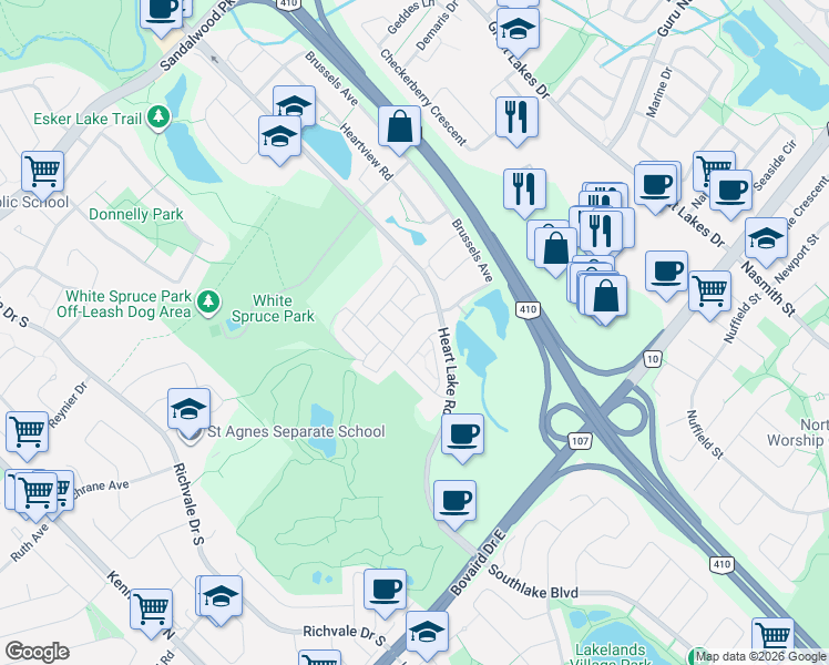 map of restaurants, bars, coffee shops, grocery stores, and more near 21 Sprucewood Road in Brampton
