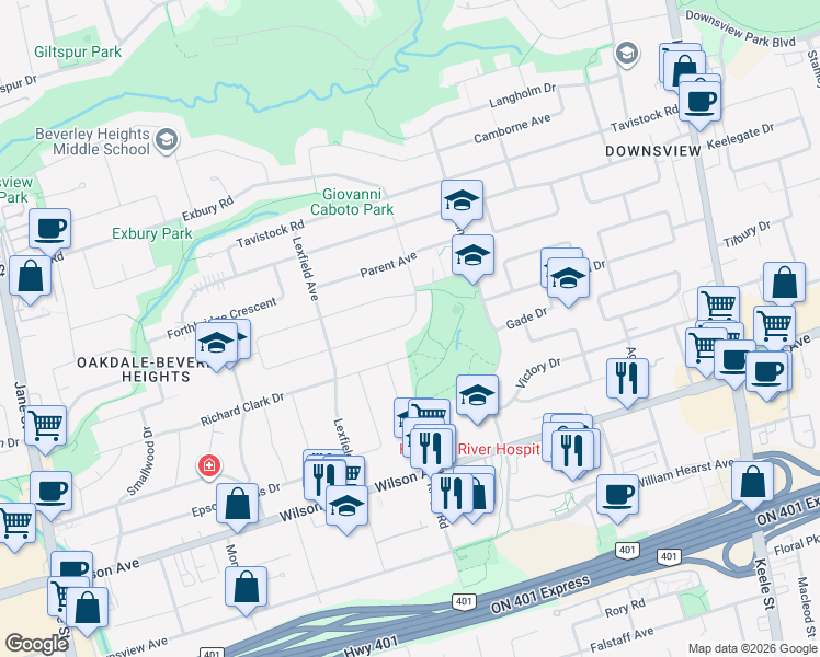 map of restaurants, bars, coffee shops, grocery stores, and more near in Toronto