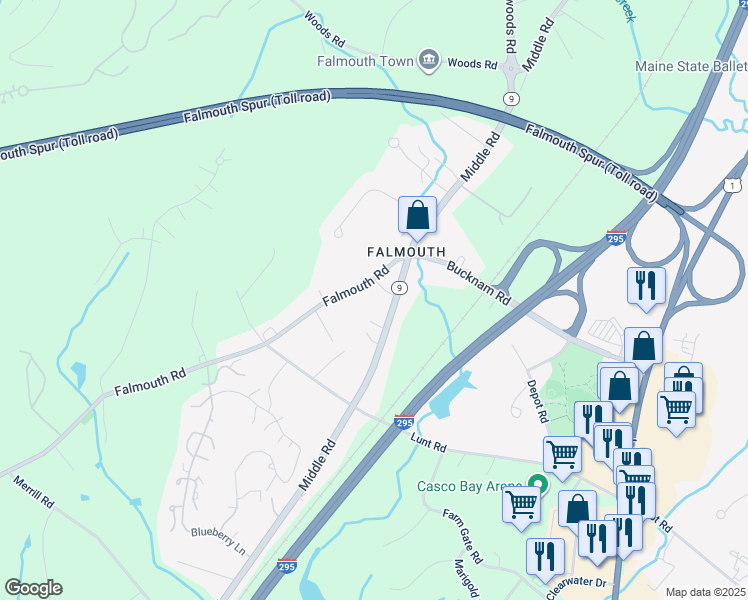 map of restaurants, bars, coffee shops, grocery stores, and more near 220 Middle Road in Falmouth