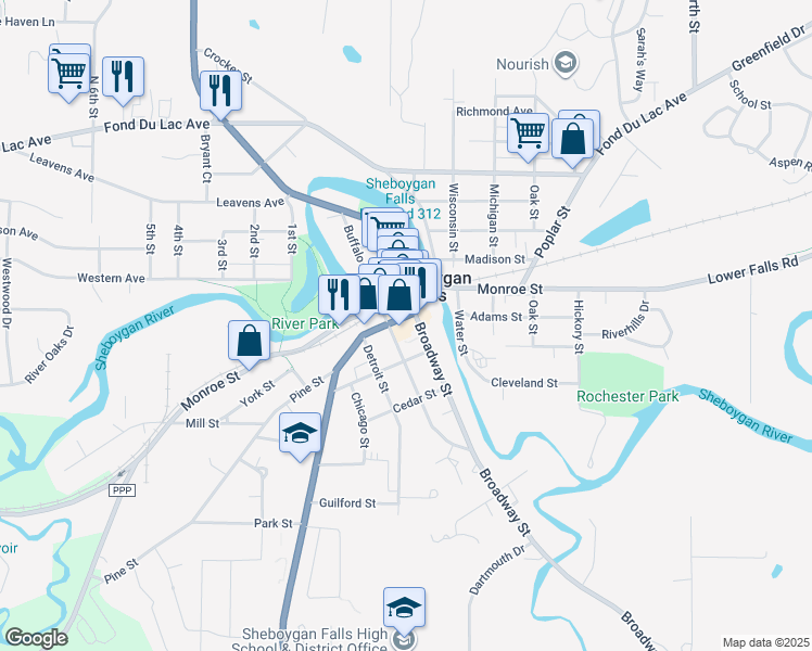 map of restaurants, bars, coffee shops, grocery stores, and more near 111 Pine Street in Sheboygan Falls