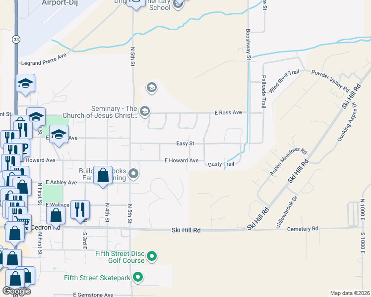 map of restaurants, bars, coffee shops, grocery stores, and more near 360 Chris Lane in Driggs