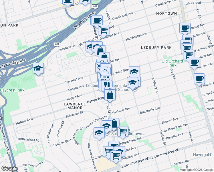 map of restaurants, bars, coffee shops, grocery stores, and more near 3443 Bathurst Street in Toronto