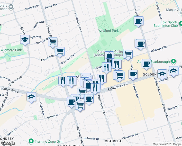 map of restaurants, bars, coffee shops, grocery stores, and more near 860 Pharmacy Avenue in Toronto