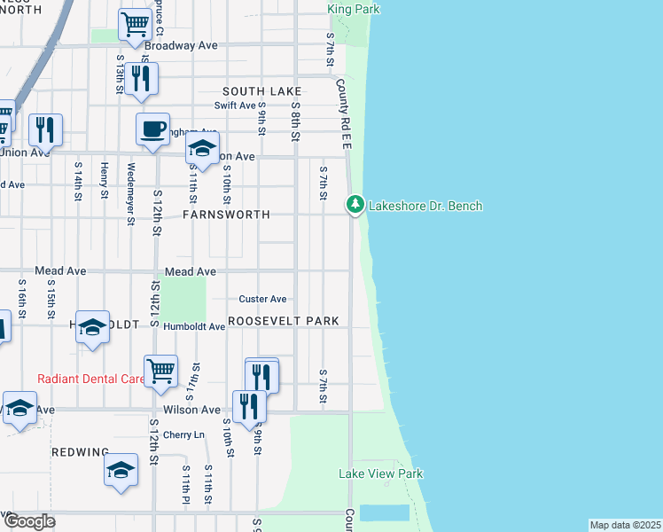 map of restaurants, bars, coffee shops, grocery stores, and more near 2425 S 7th St in Sheboygan