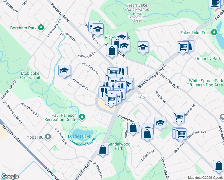 map of restaurants, bars, coffee shops, grocery stores, and more near 180 Sandalwood Parkway East in Brampton