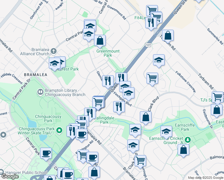 map of restaurants, bars, coffee shops, grocery stores, and more near Queen Street East & Finchgate Boulevard in Brampton