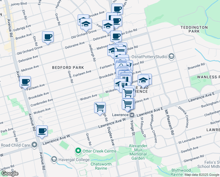 map of restaurants, bars, coffee shops, grocery stores, and more near 60 Woburn Avenue in Toronto