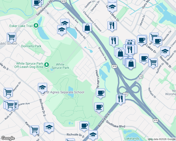 map of restaurants, bars, coffee shops, grocery stores, and more near 26 Sprucewood Road in Brampton