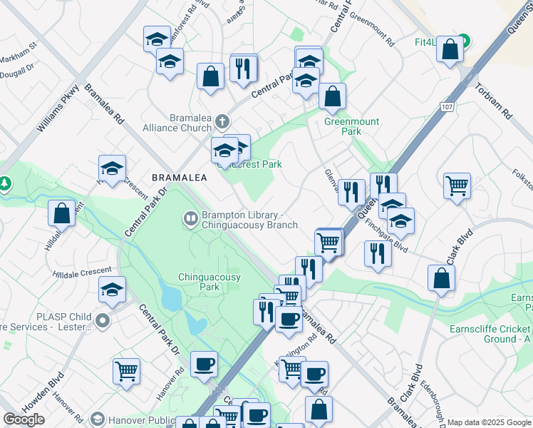 map of restaurants, bars, coffee shops, grocery stores, and more near 60 Goldcrest Road in Brampton