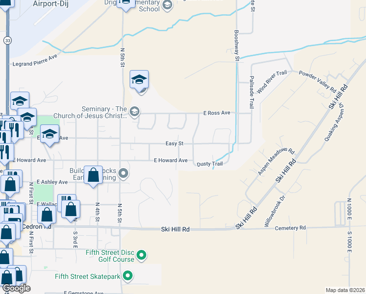map of restaurants, bars, coffee shops, grocery stores, and more near 360 Chris Lane in Driggs