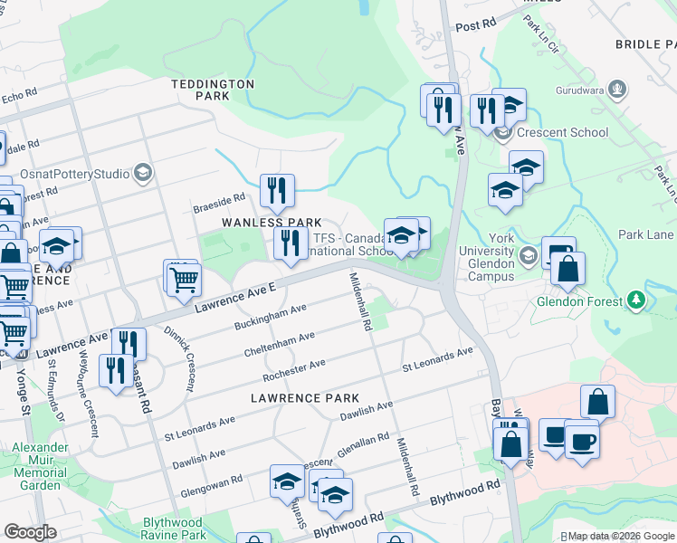 map of restaurants, bars, coffee shops, grocery stores, and more near 277 Lawrence Avenue East in Toronto