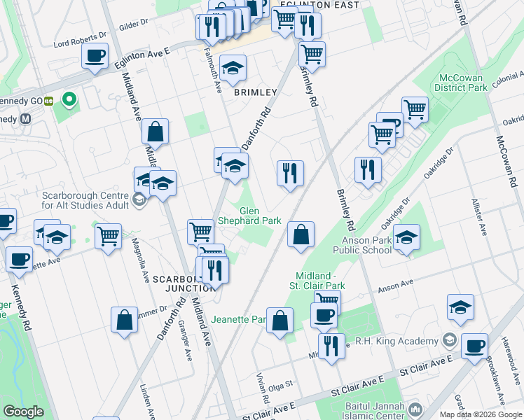 map of restaurants, bars, coffee shops, grocery stores, and more near 46 Glenshephard Drive in Toronto