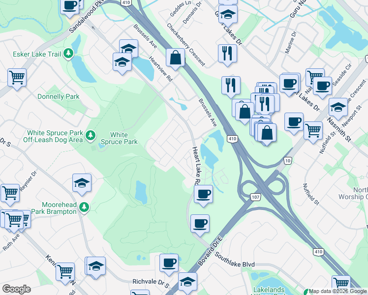 map of restaurants, bars, coffee shops, grocery stores, and more near in Brampton
