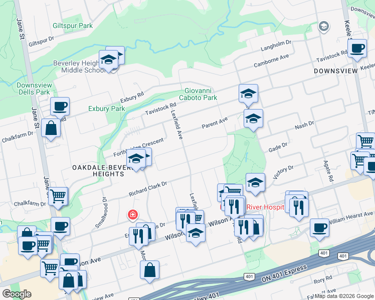 map of restaurants, bars, coffee shops, grocery stores, and more near in Toronto