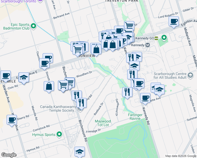 map of restaurants, bars, coffee shops, grocery stores, and more near in Toronto