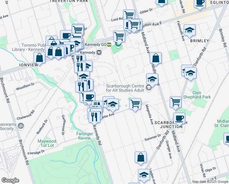 map of restaurants, bars, coffee shops, grocery stores, and more near 49 Merrian Road in Toronto