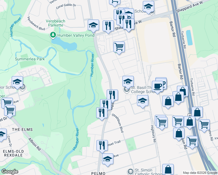 map of restaurants, bars, coffee shops, grocery stores, and more near 2 George McKenzie Court in Toronto