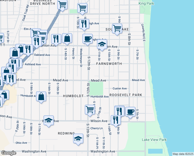 map of restaurants, bars, coffee shops, grocery stores, and more near 1110 Mead Avenue in Sheboygan