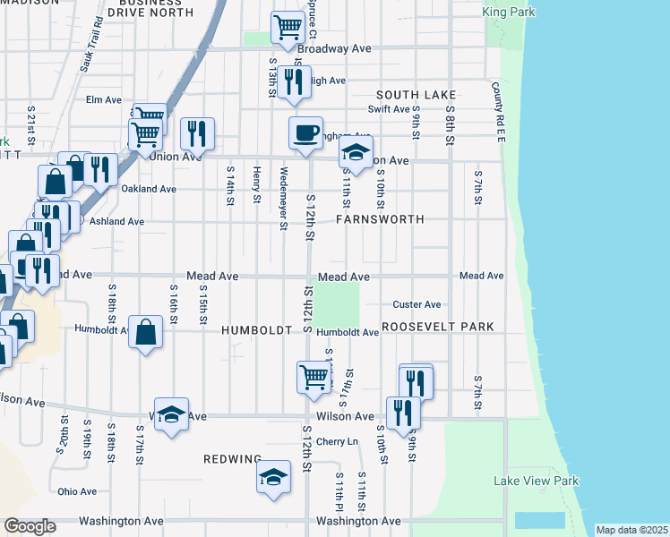 map of restaurants, bars, coffee shops, grocery stores, and more near 1110 Mead Ave in Sheboygan