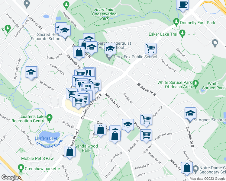 map of restaurants, bars, coffee shops, grocery stores, and more near 39 Courtleigh Square in Brampton