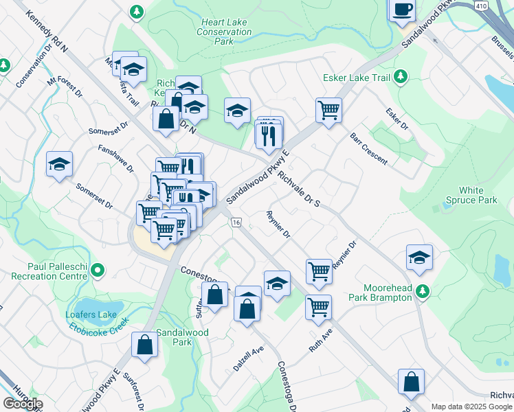 map of restaurants, bars, coffee shops, grocery stores, and more near 57 Courtleigh Square in Brampton