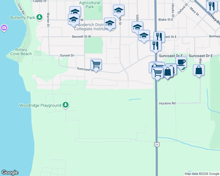 map of restaurants, bars, coffee shops, grocery stores, and more near 35 Lee Crescent in Goderich