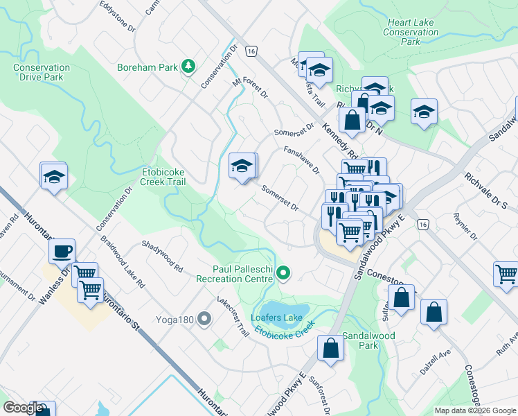 map of restaurants, bars, coffee shops, grocery stores, and more near 12 Macassa Court in Brampton